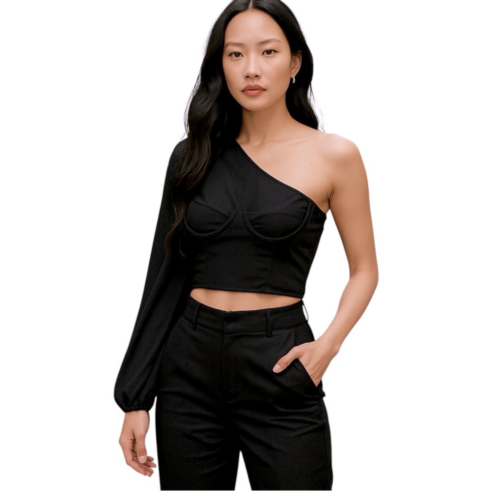 Black Asymmetrical One Sleeve Cut Out Stretch Crop Top Bustier Balloon…